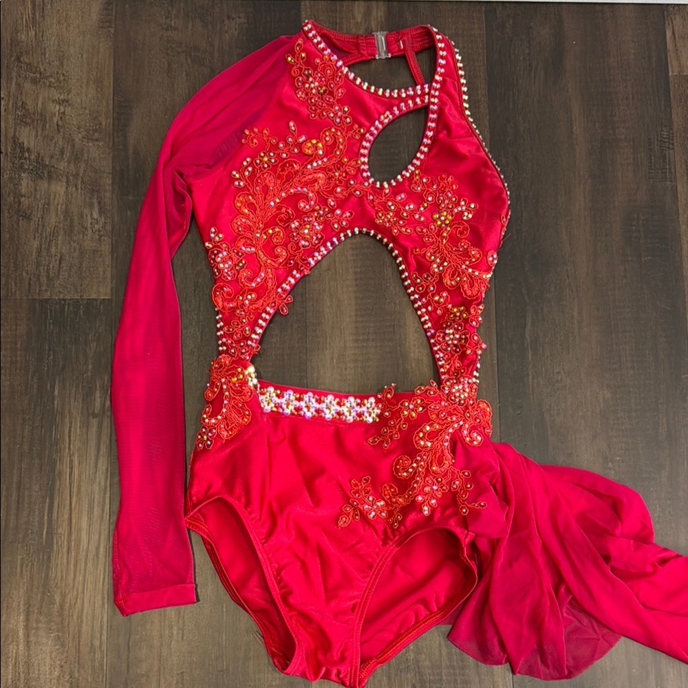 Red Lyrical/Contemporary Dance Costume with Rhinestone Accents